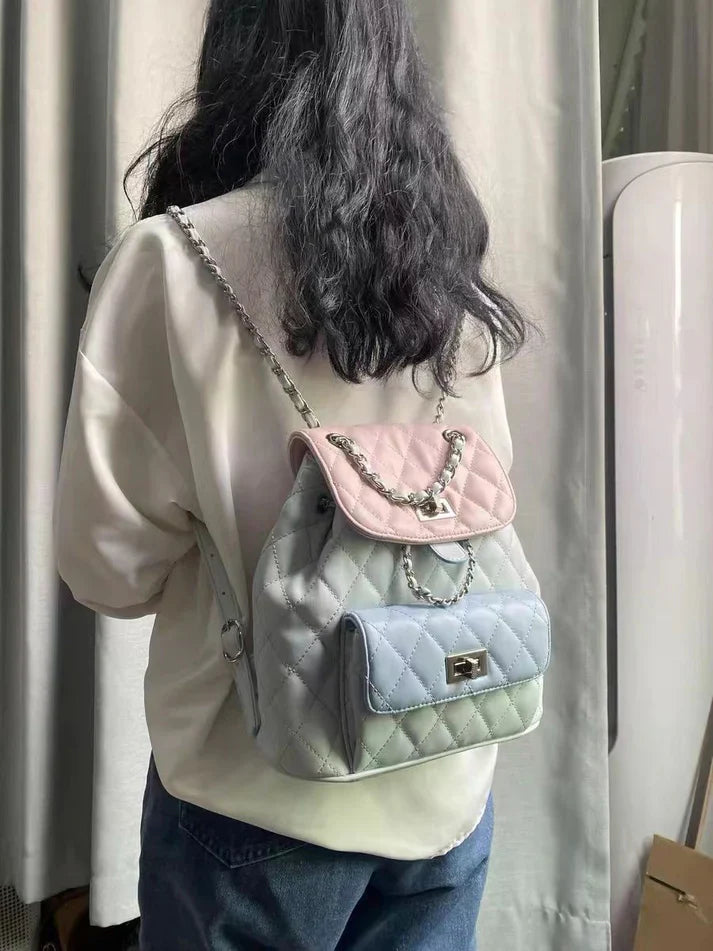 Women's High-end Diamond Grid Contrasting Chain Backpack Women Bag